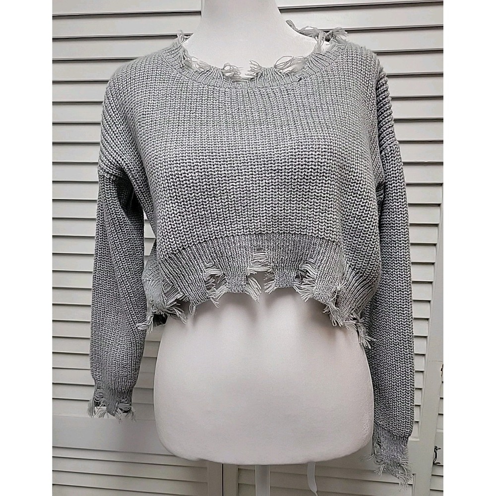 Hera SZ S Distressed Cropped Long Sleeve Gray Sweater Grunge Frayed Edges